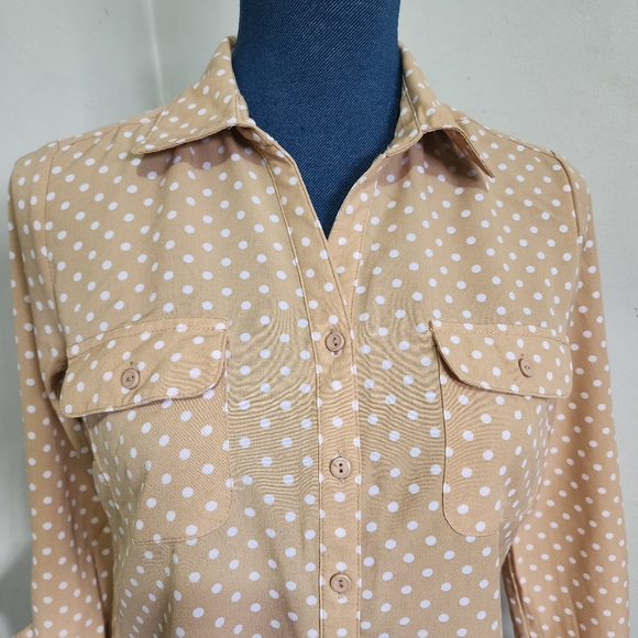 Notations Tan White Polka Dot Button Shirt Blouse - Picture 2 of 7